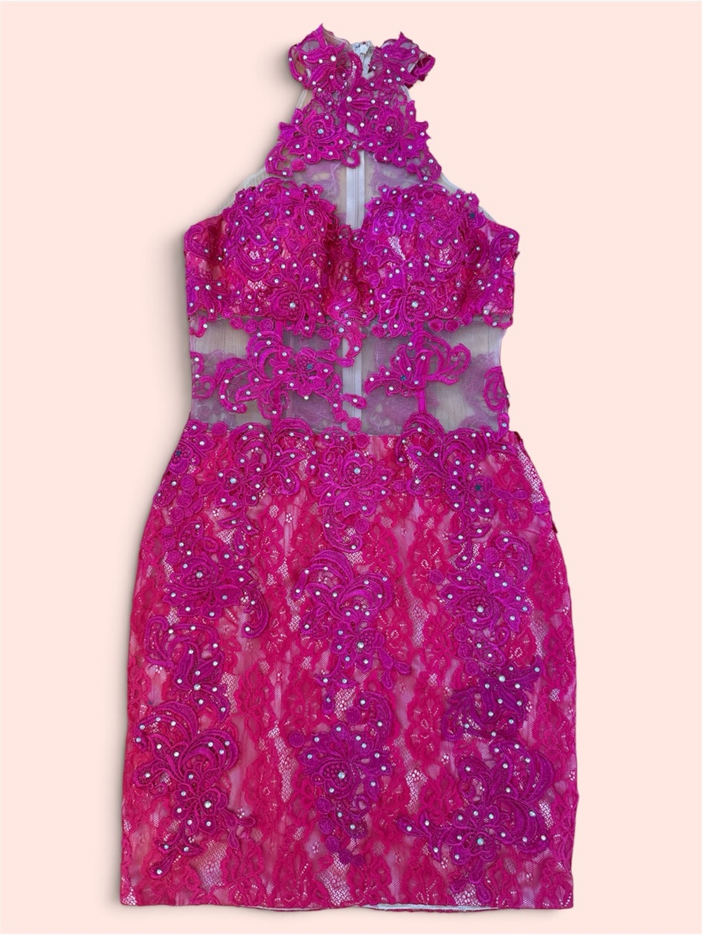Rachel Allan Hot Pink Lace Halter Dress with Beaded Appliqué